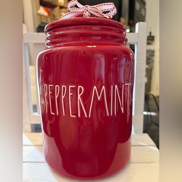 Rae Dunn Red Large Peppermint Ceramic Canister - Picture 1 of 3